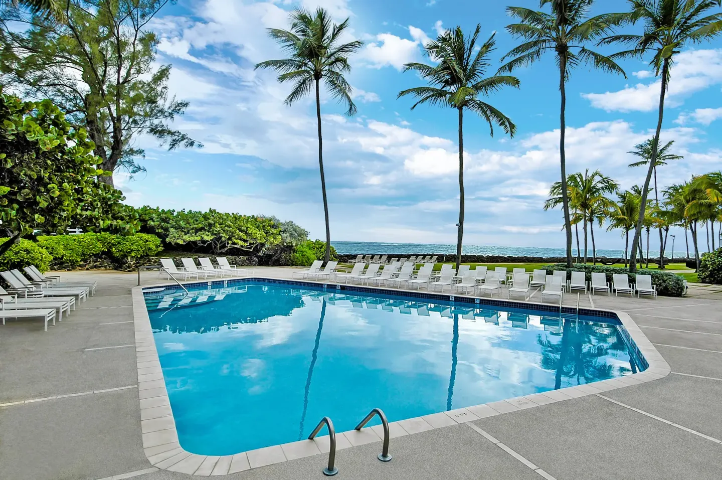 Quiet pool lined with lounge chairs and palms at The Condado Plaza Hotel.