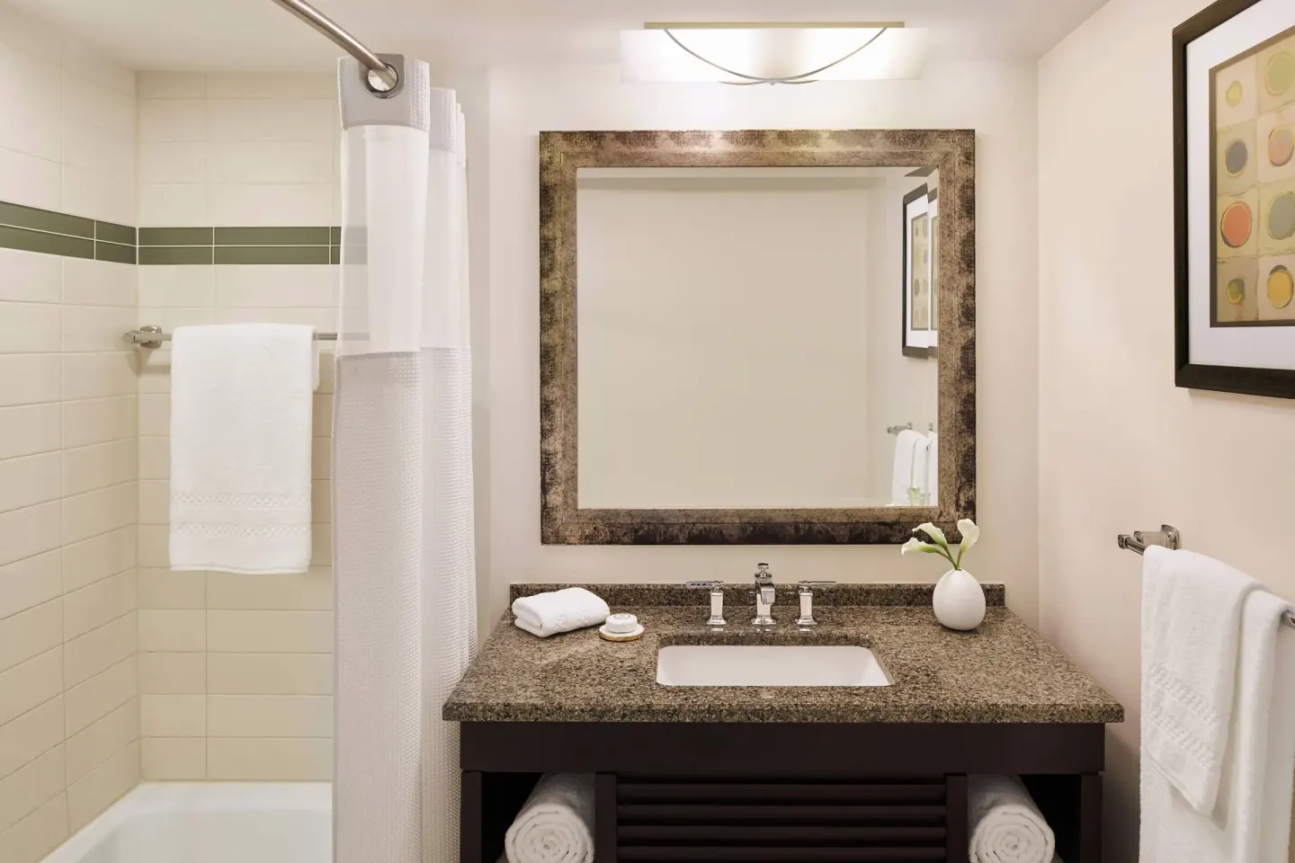 Guest bathroom with square mirror and tub-shower at The Coral at Atlantis.