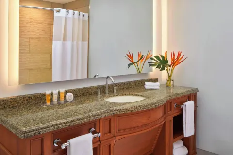 Guest bathroom vanity with flowers and bath amenities at The Coral at Atlantis.