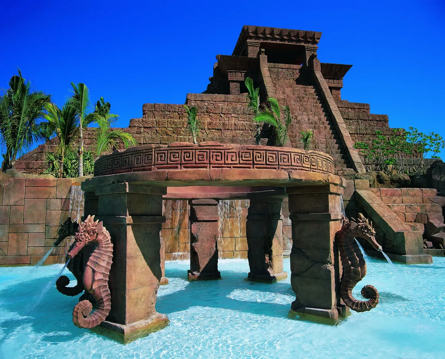 Seahorse fountains and a stepped stone water feature at The Coral at Atlantis.