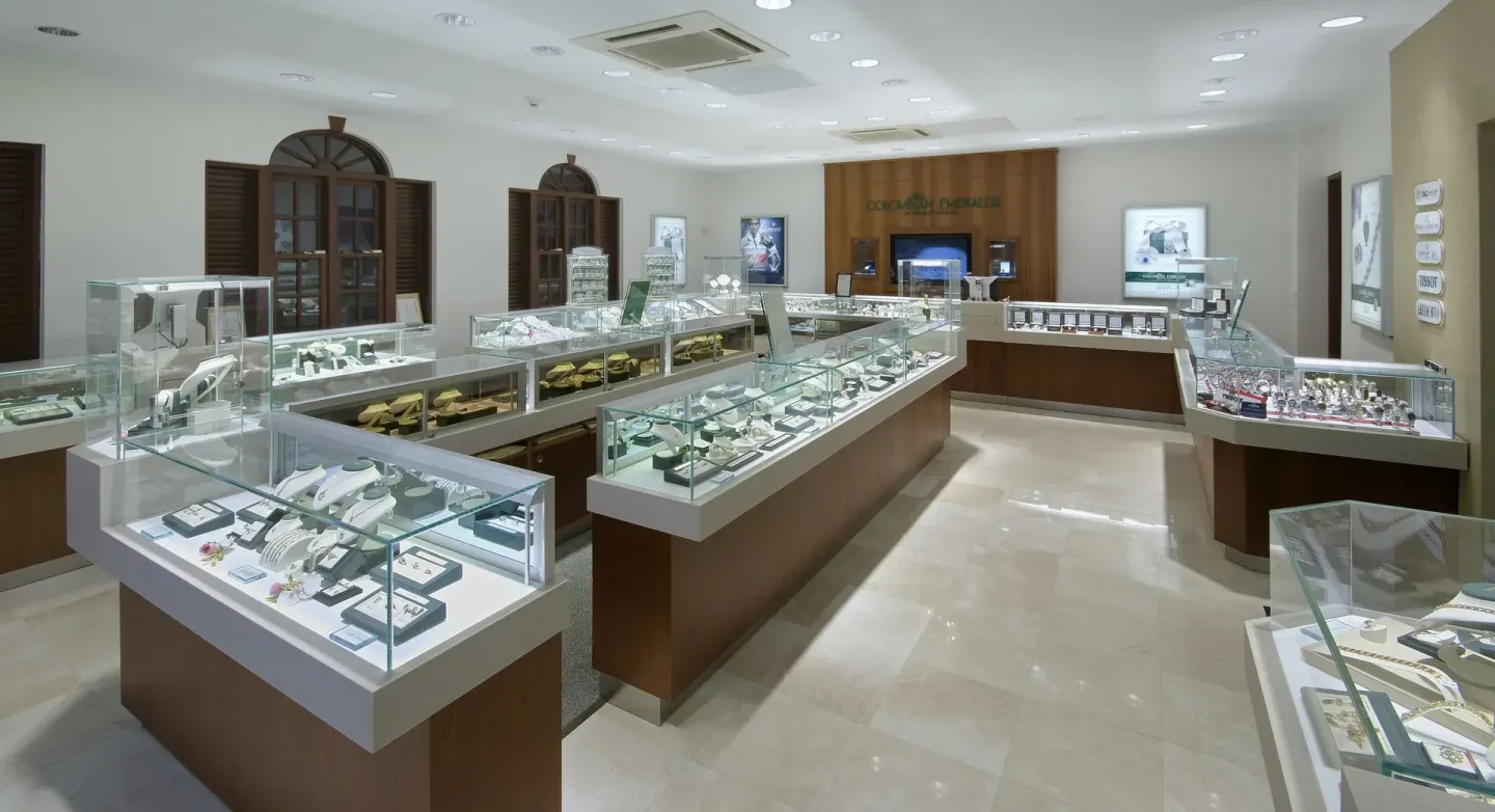 Jewelry boutique with glass display cases at The Crane Resort.