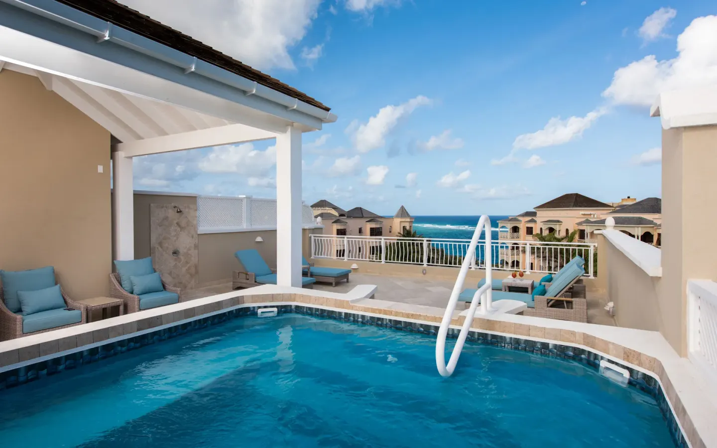 A private plunge pool terrace with ocean views at The Crane Resort.