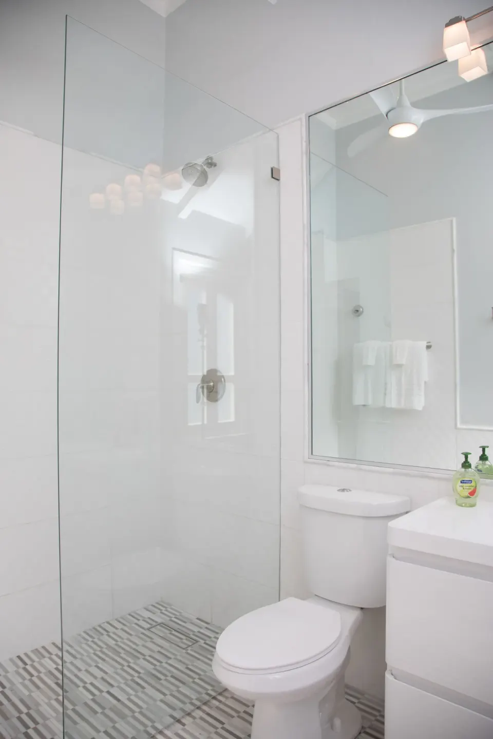 Premier Room Sea View bathroom at The Fred with glass shower, toilet, mirror, and white vanity.