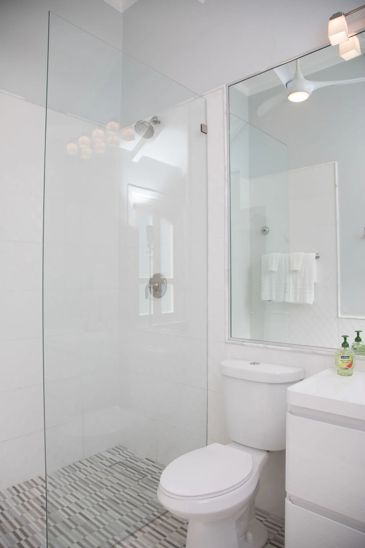 Premier Room Sea View bathroom at The Fred with glass shower, toilet, mirror, and white vanity.
