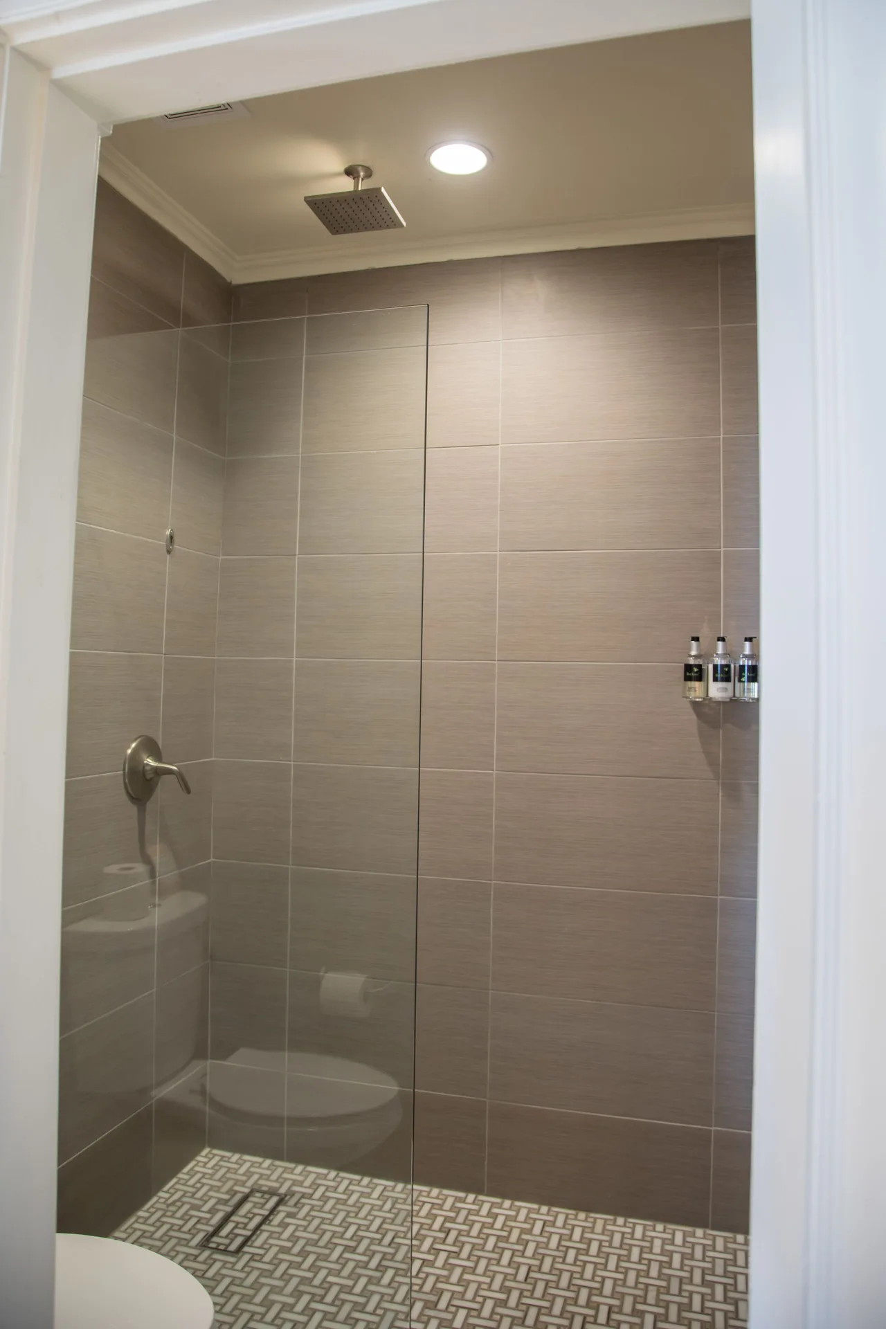 Walk-in shower with glass door and wall-mounted bath amenities at The Fred.