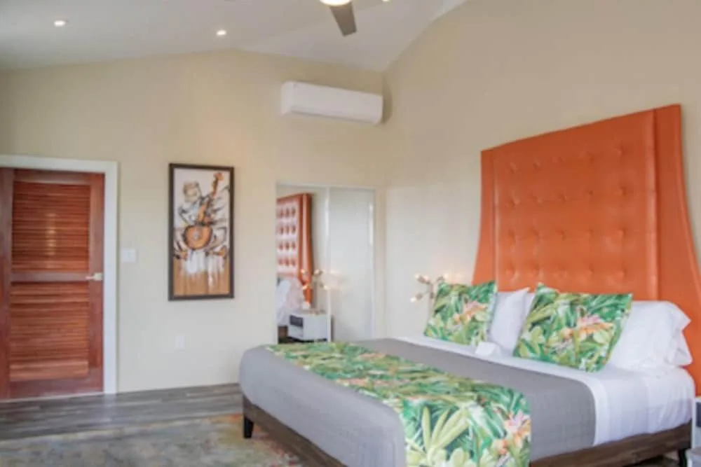 Signature Room king bed with tropical runner, wall art, and wood door at The Fred.