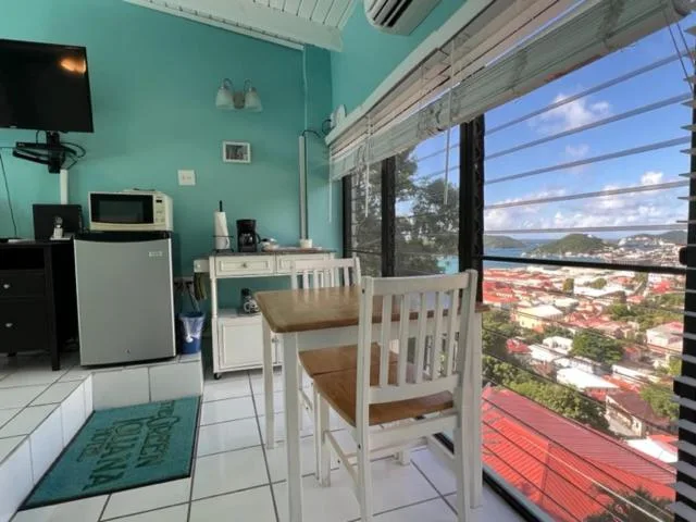 Guest room kitchenette and dining table beside large windows at The Green Iguana Hotel.