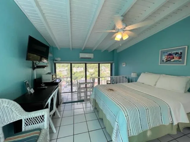 Guest room with large bed, white ceiling beams, and sitting area at The Green Iguana Hotel.