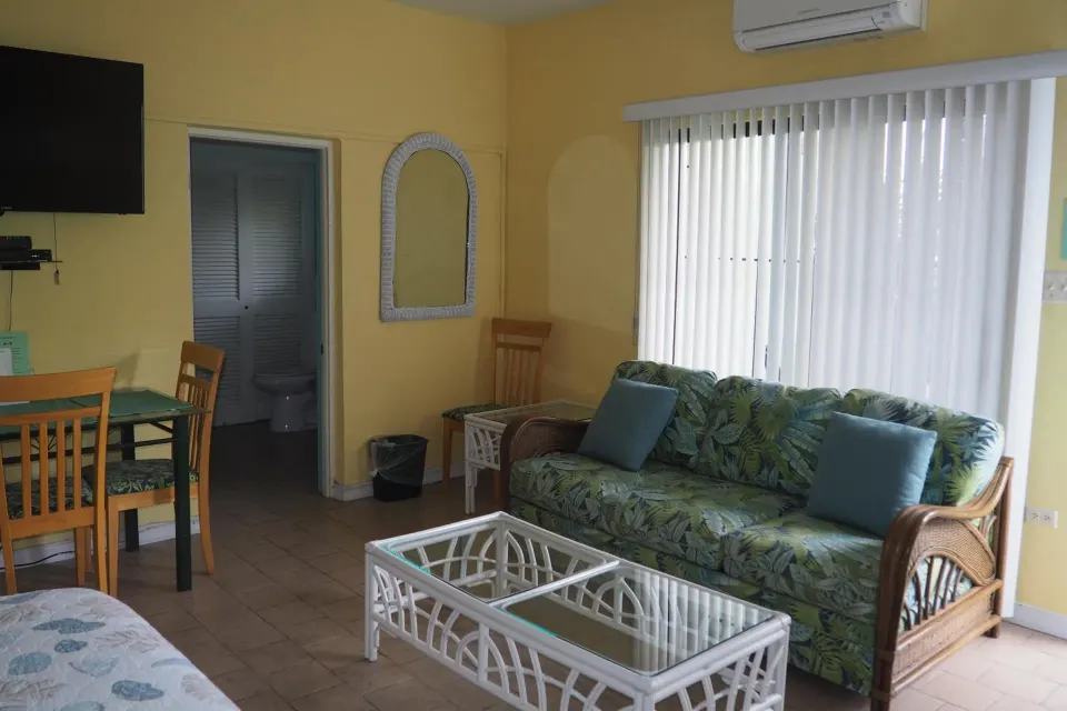 Guest room sitting area with sofa, dining table, and TV at The Green Iguana Hotel.