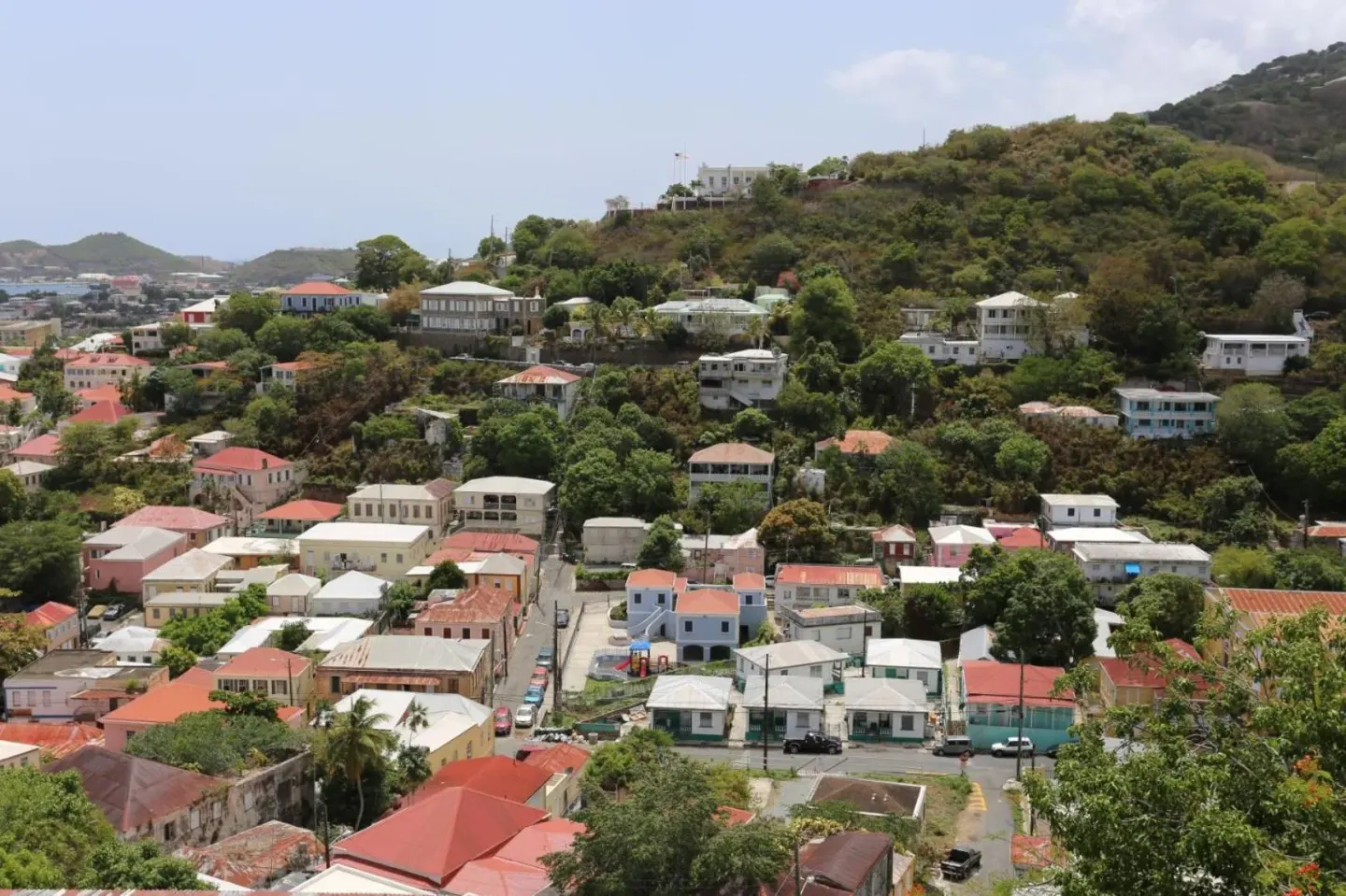 Hillside neighborhood view with colorful rooftops near The Green Iguana Hotel.