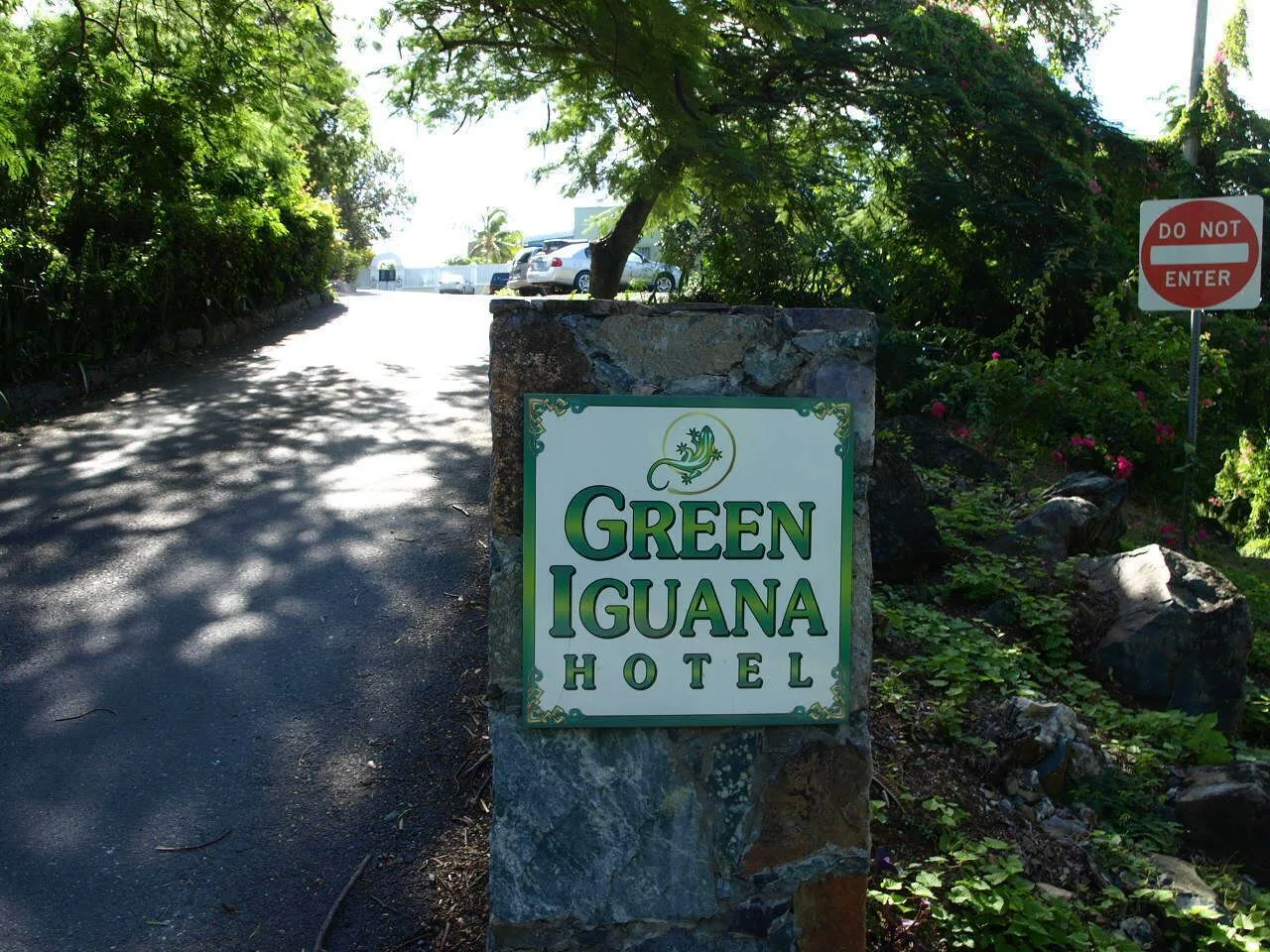 Roadside The Green Iguana Hotel sign beside a shaded driveway at The Green Iguana Hotel.