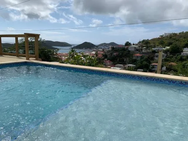 Swimming pool with hillside and harbor view at The Green Iguana Hotel.