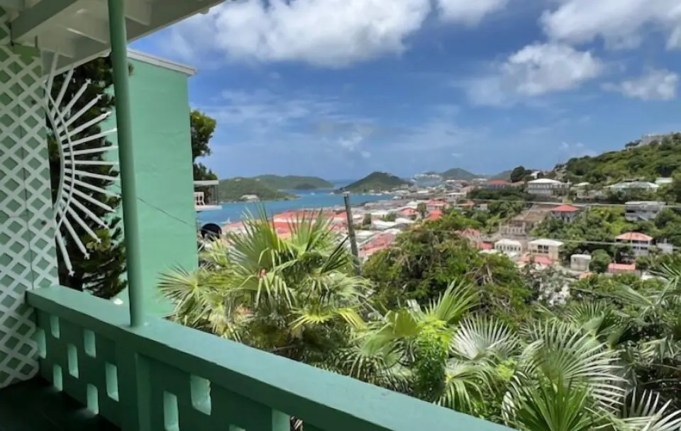 Balcony at The Green Iguana Hotel overlooking palms, hillside buildings, harbor water, and islands.