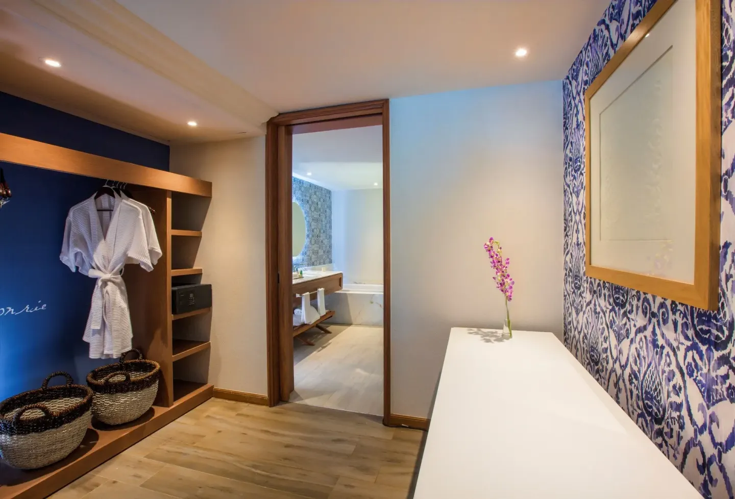 Junior Suite entry with closet and bath view at The Hacienda at Krystal Grand Puerto Vallarta.