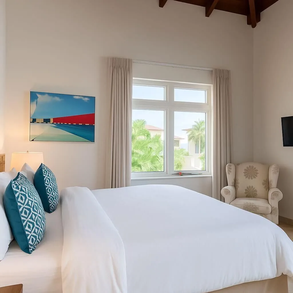 Guest bedroom with king bed at View Come True Room, The Hills St John with tropical décor and bay views.
