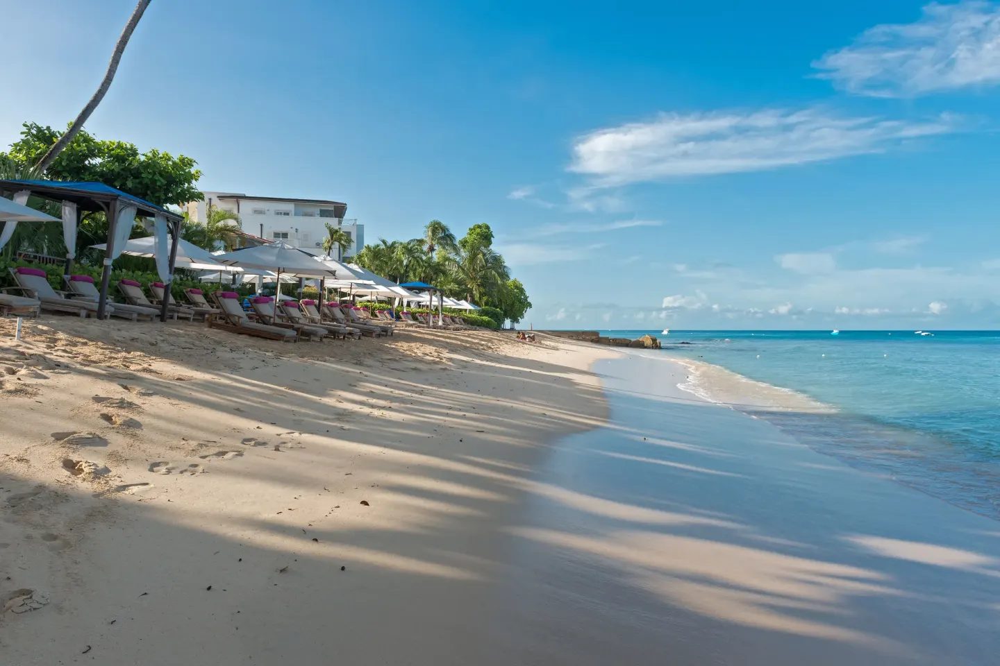 Sandy beachfront with loungers and umbrellas beside turquoise water at The House.