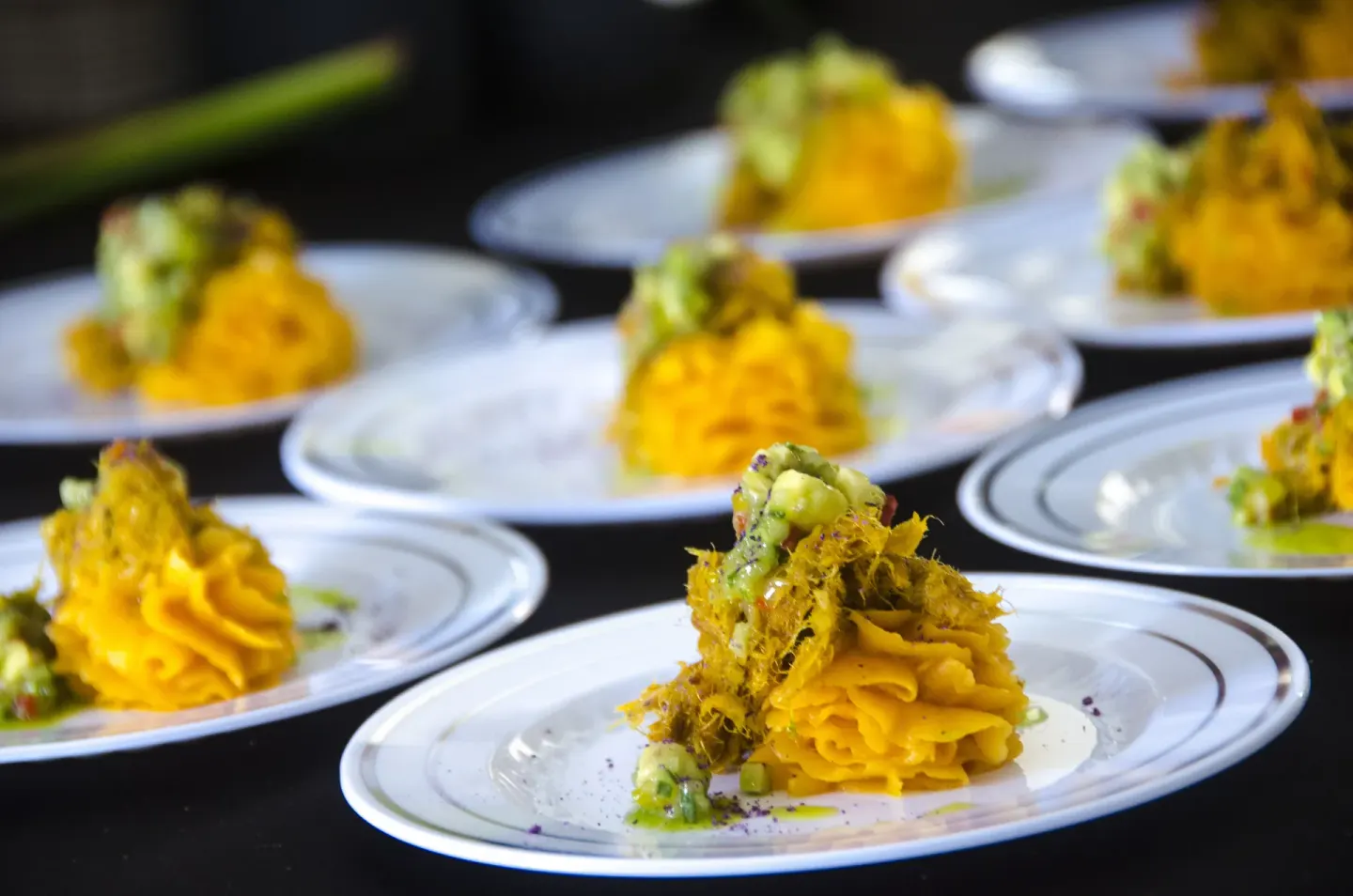 Plated pasta dishes with green garnish arranged for service at The House.