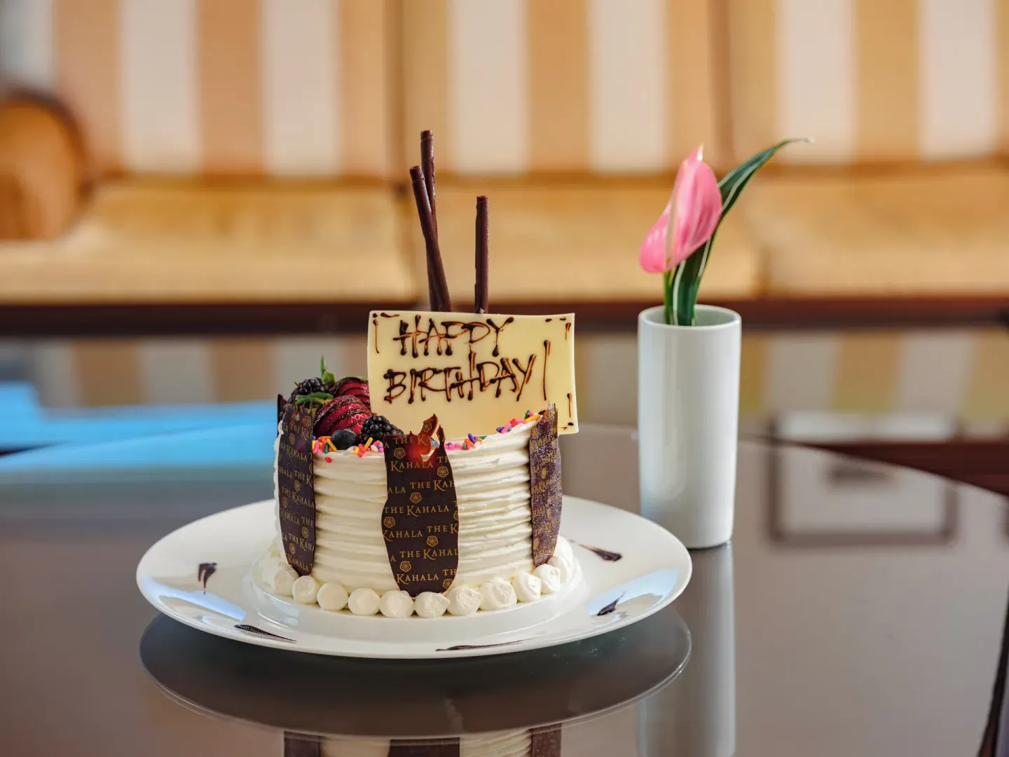Birthday cake with a chocolate greeting at The Kahala Hotel & Resort.