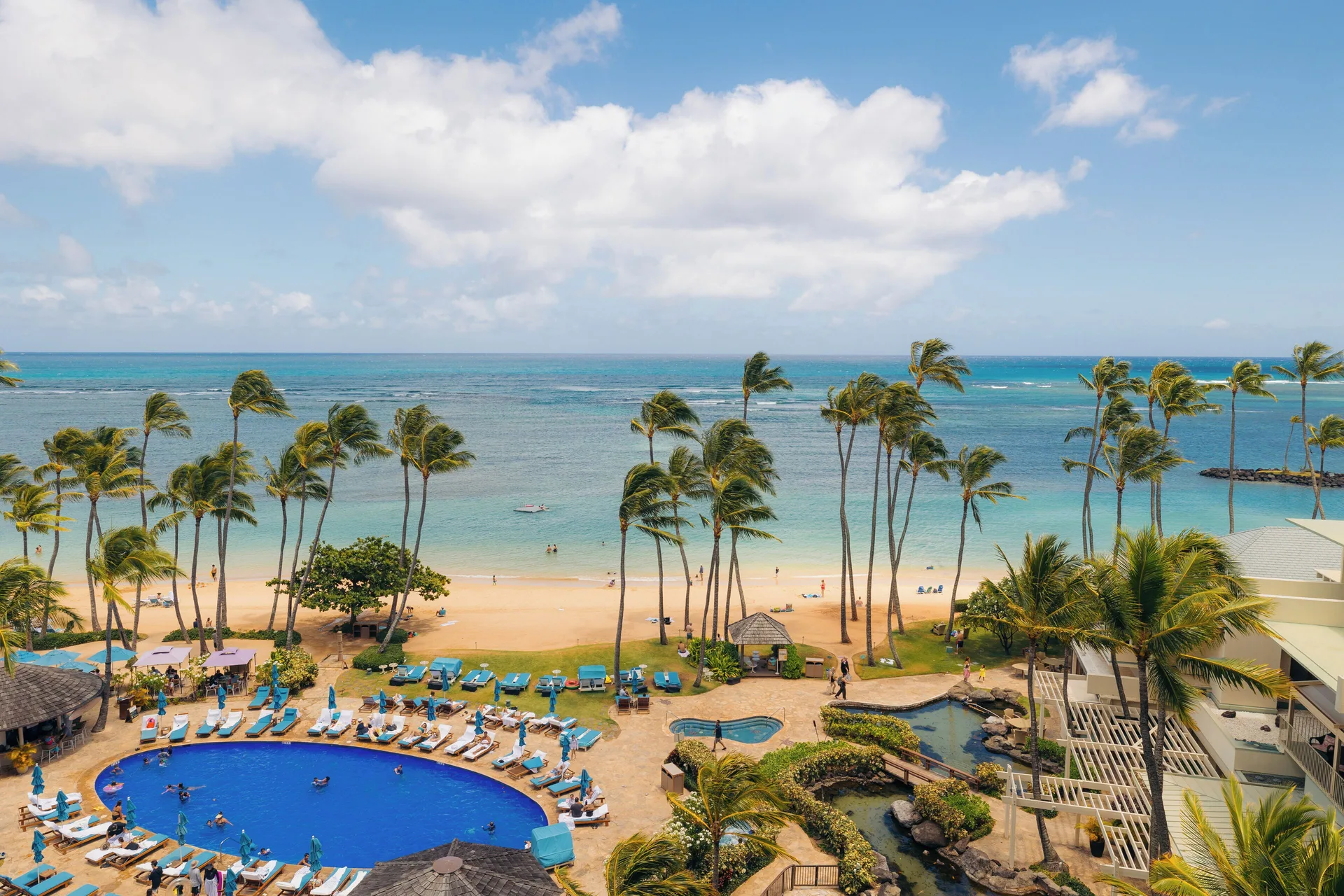 Pool, beach, palms, and ocean seen from above at The Kahala Hotel & Resort.