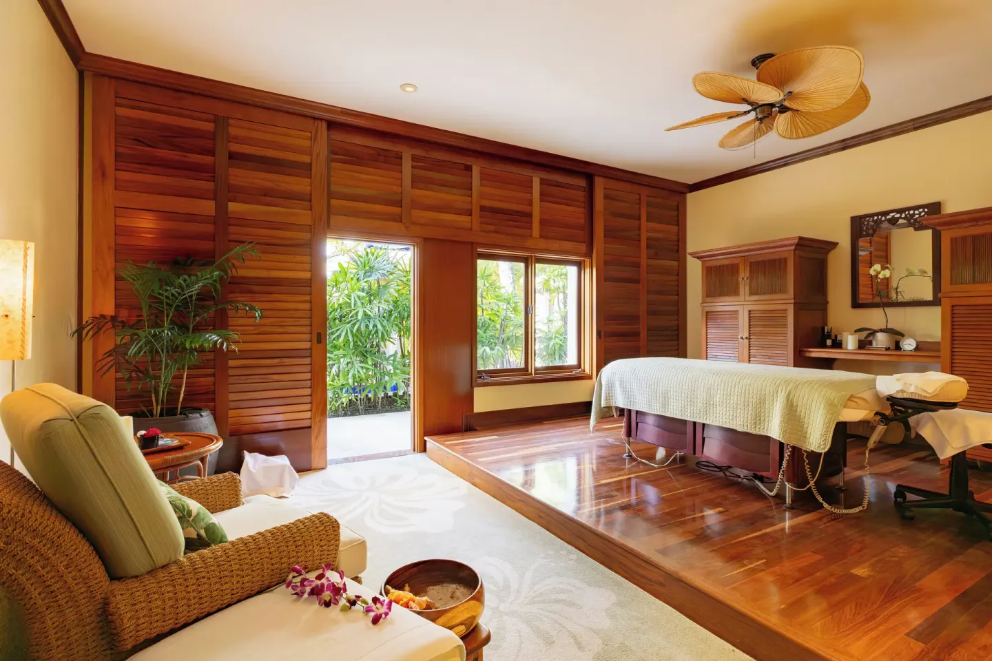 Spa treatment room with massage table at The Kahala Hotel & Resort.