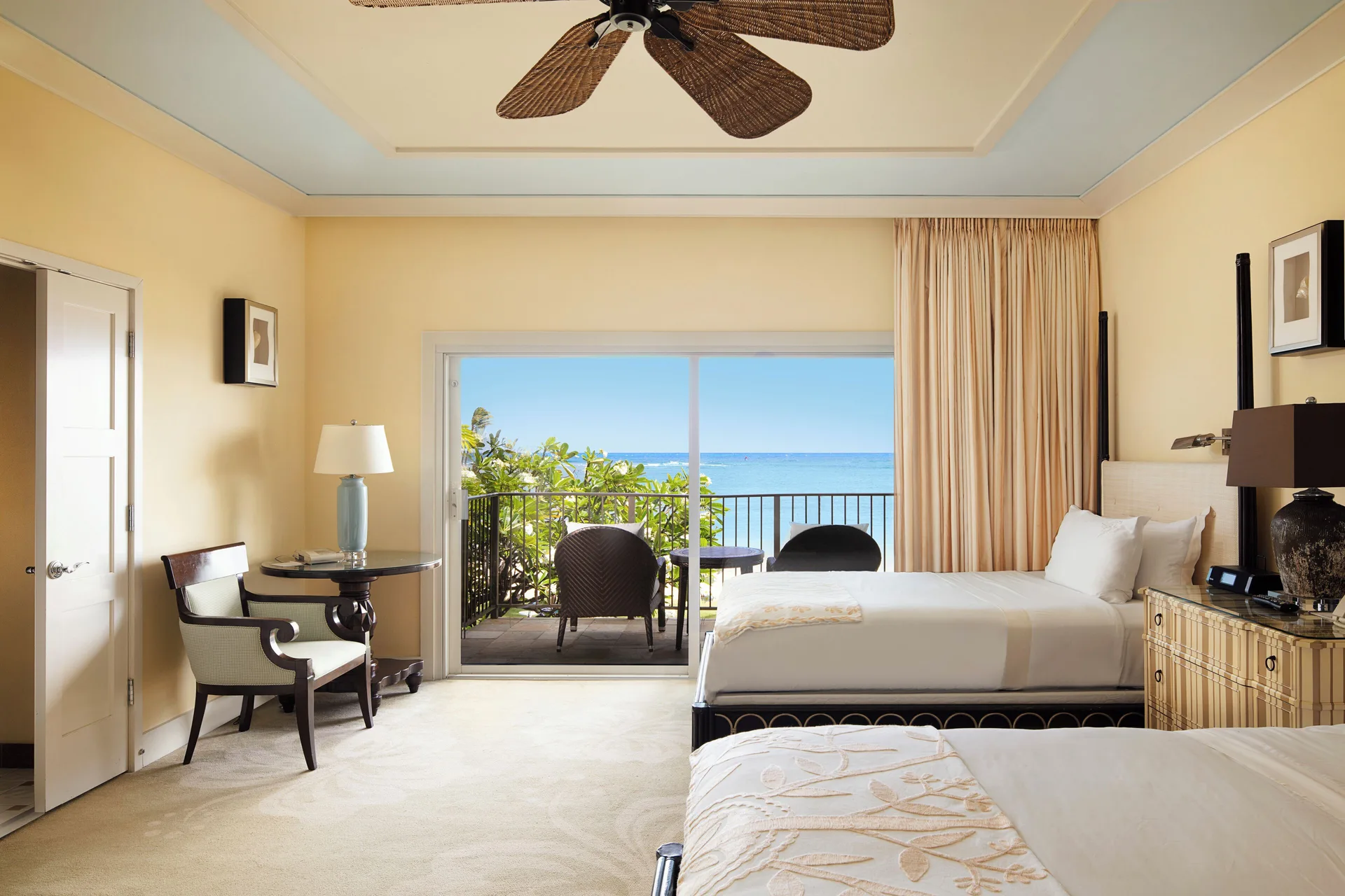 Beach Front Lanai room with two beds and ocean balcony at The Kahala Hotel & Resort.