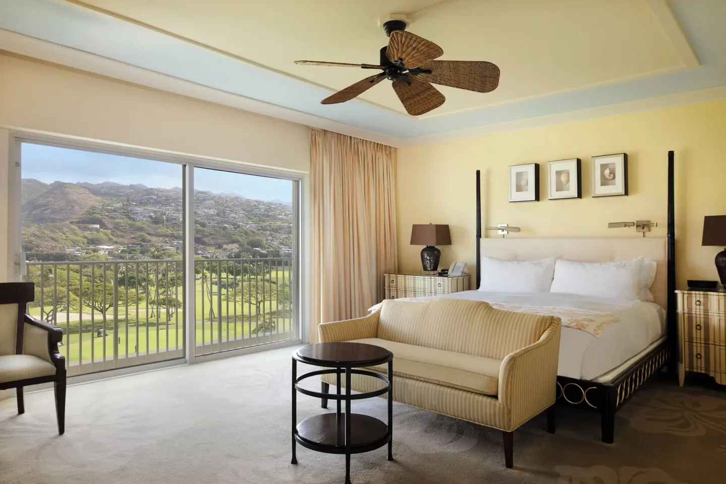 Golf Mountain View king room with sliding balcony doors at The Kahala Hotel & Resort.