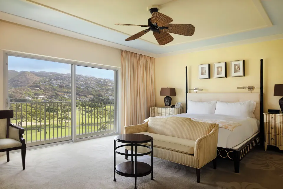 Golf Mountain View king room with sliding balcony doors at The Kahala Hotel & Resort.