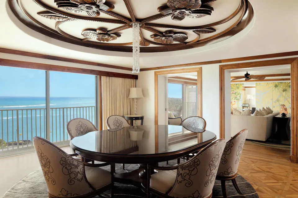 Imperial Suite dining room with round table and ocean view at The Kahala Hotel & Resort.
