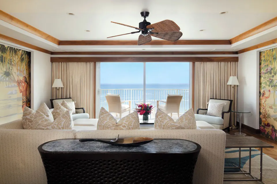 Imperial Suite living room with sofa and ocean balcony at The Kahala Hotel & Resort.