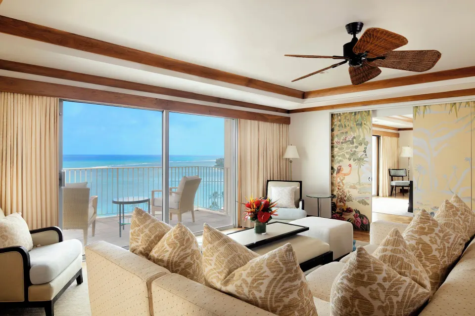 Imperial Suite lounge with sofa and balcony ocean view at The Kahala Hotel & Resort.