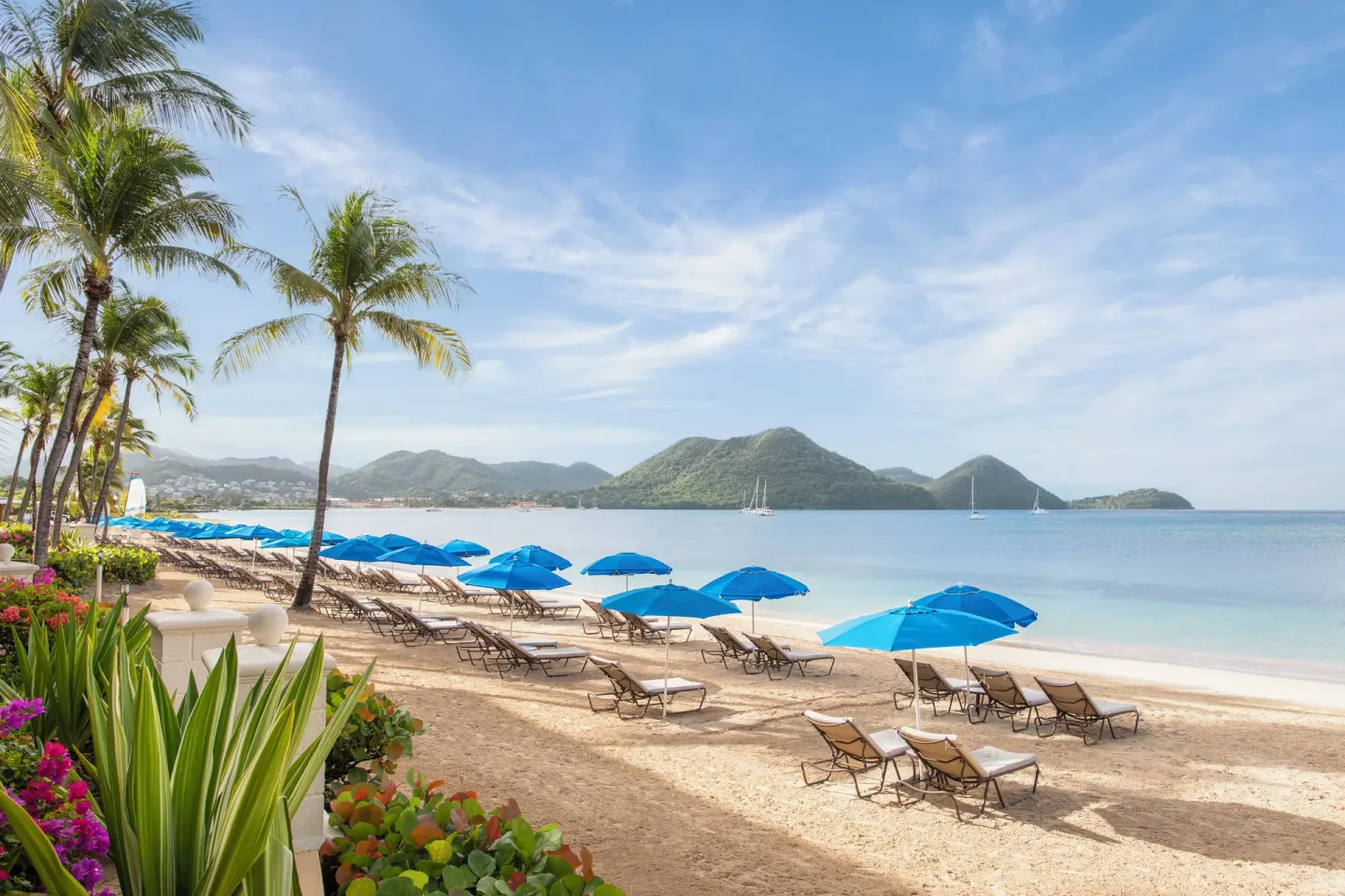 Palm trees and blue umbrellas line the sandy beach at The Landings Resort & Spa.
