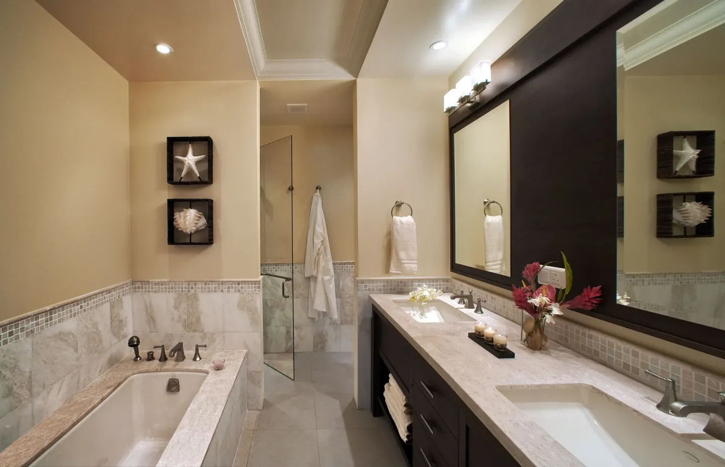 Villa suite bathroom with soaking tub and double vanity at The Landings Resort & Spa.