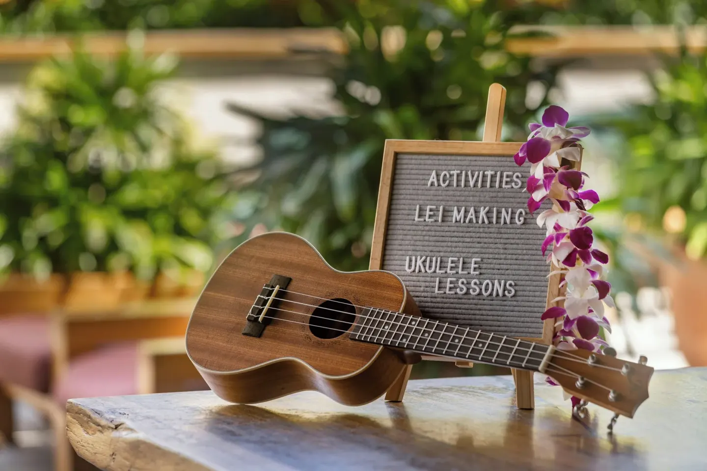 Ukulele and activities sign at The Laylow Waikiki, Autograph Collection.