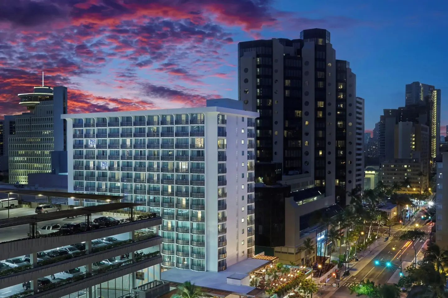 Waikiki city skyline at dusk from The Laylow Waikiki, Autograph Collection.