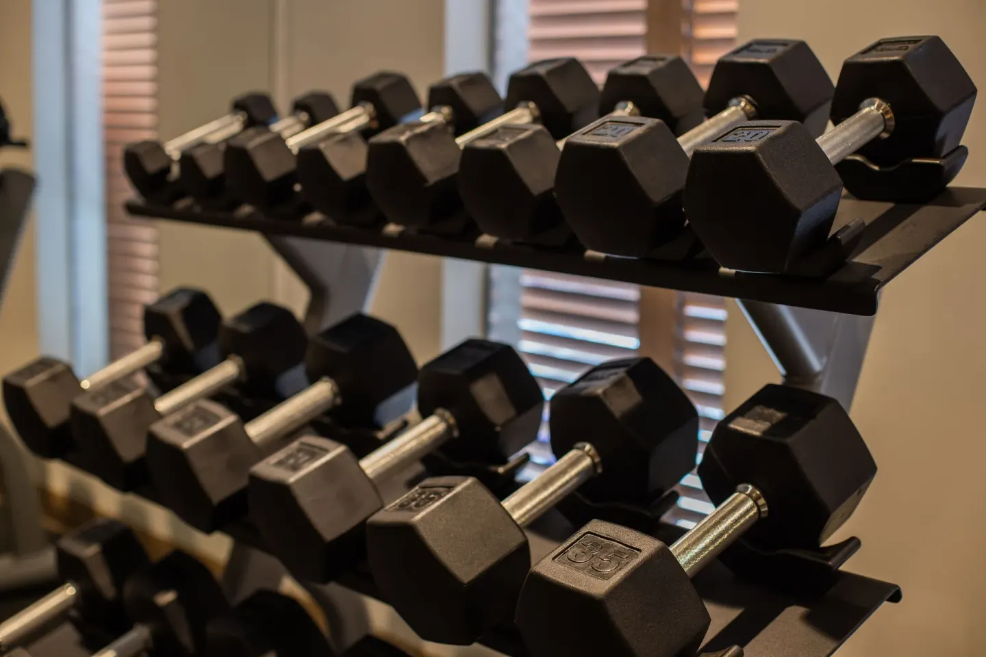 Close-up of dumbbells on a rack in the gym at The Morgan Resort Spa Village.