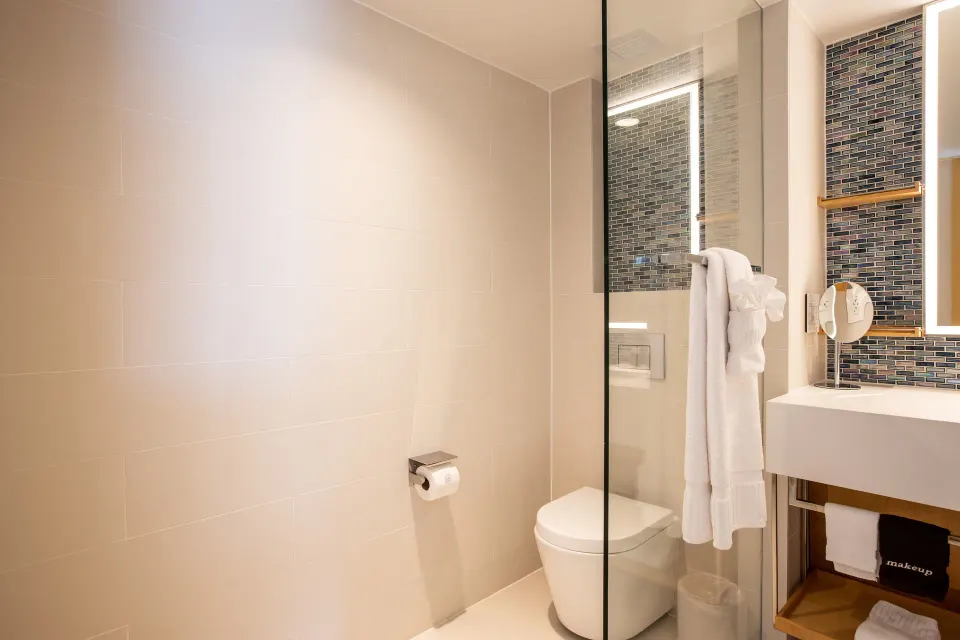 Junior Oceanfront Suite bathroom toilet and vanity detail at The Morgan Resort Spa Village.