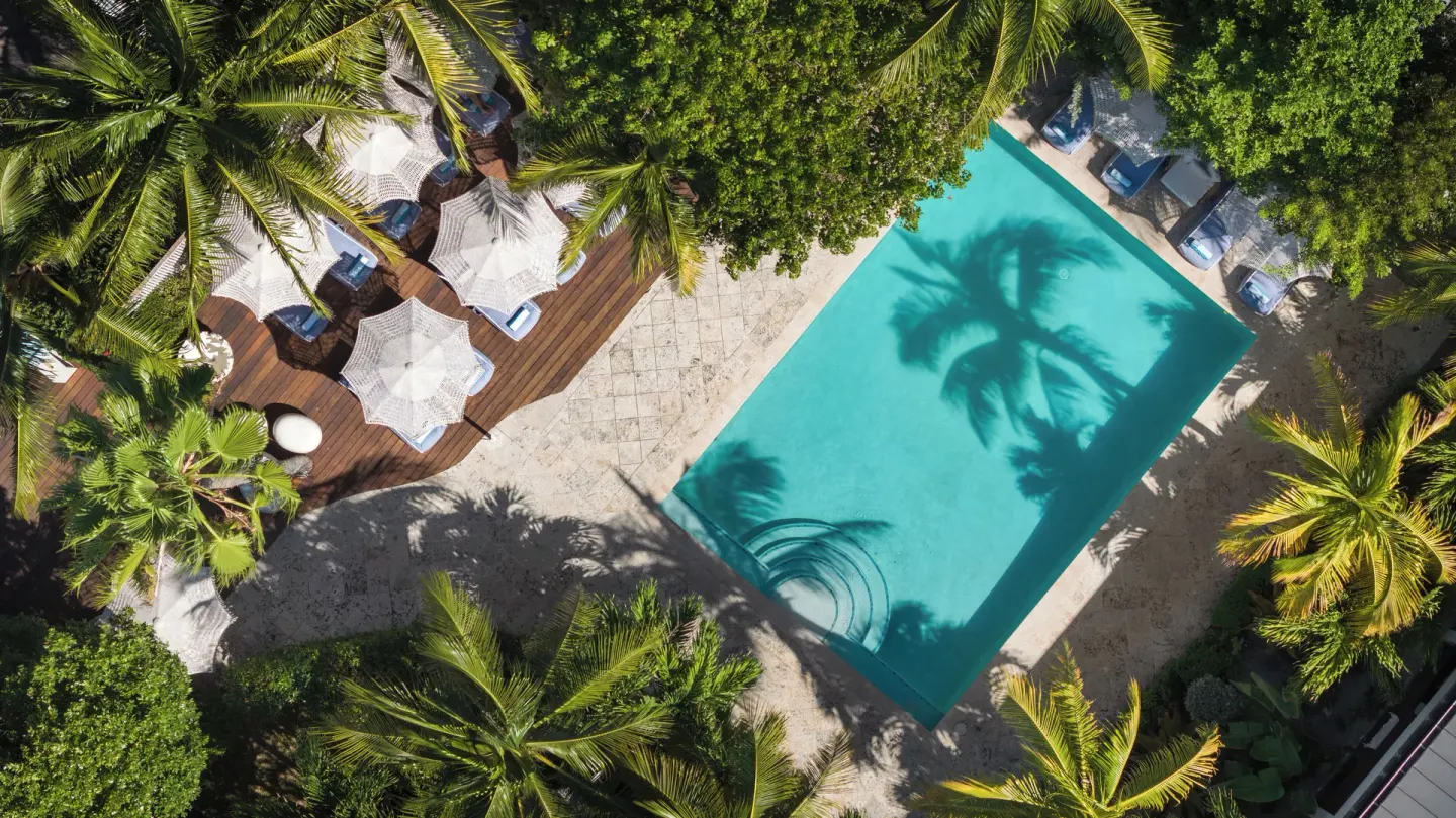 Aerial view of the pool, umbrellas, and palms at The Oasis at Grace Bay.