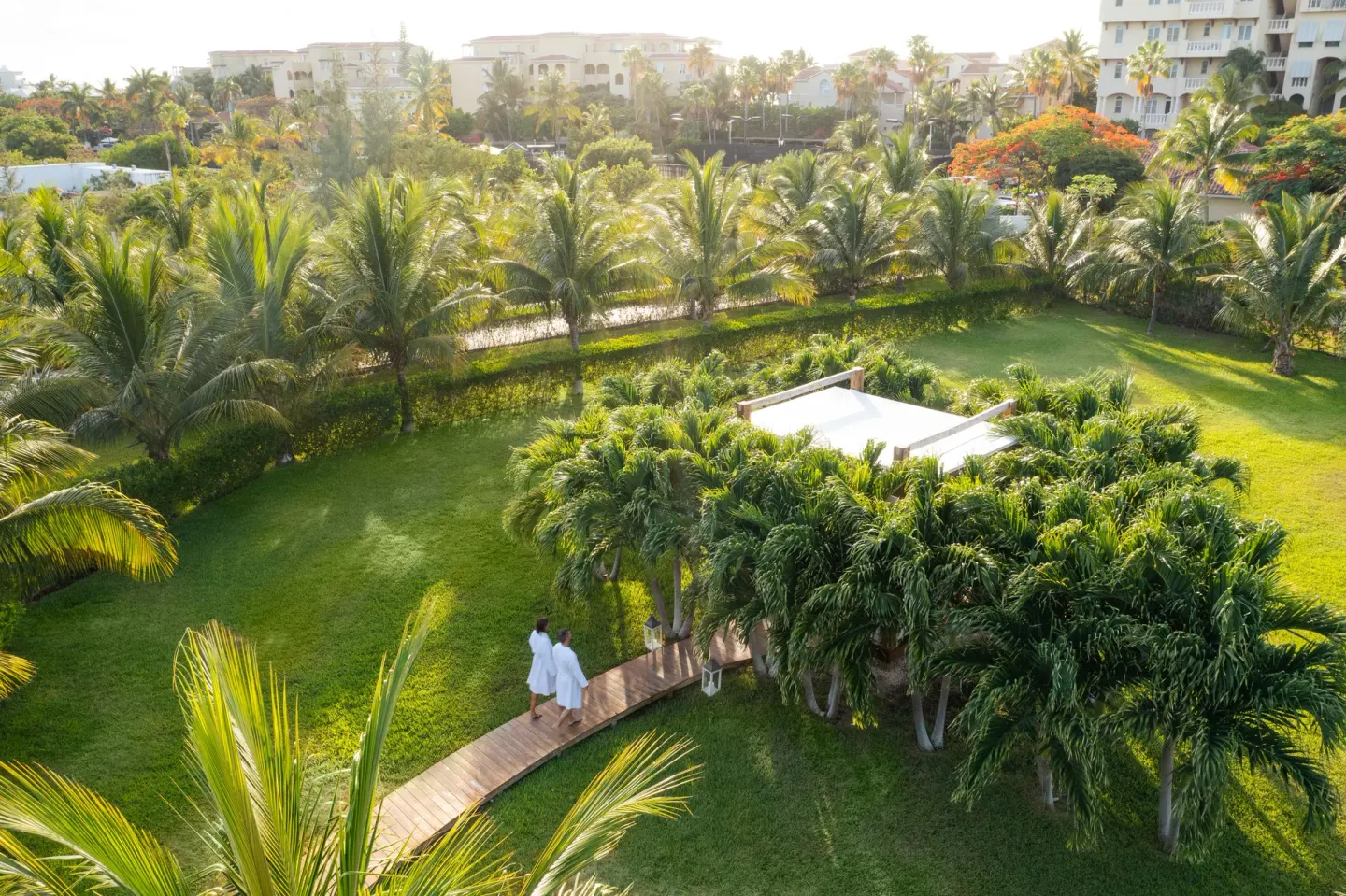 Aerial view of palm gardens and a winding walkway at The Oasis at Grace Bay.
