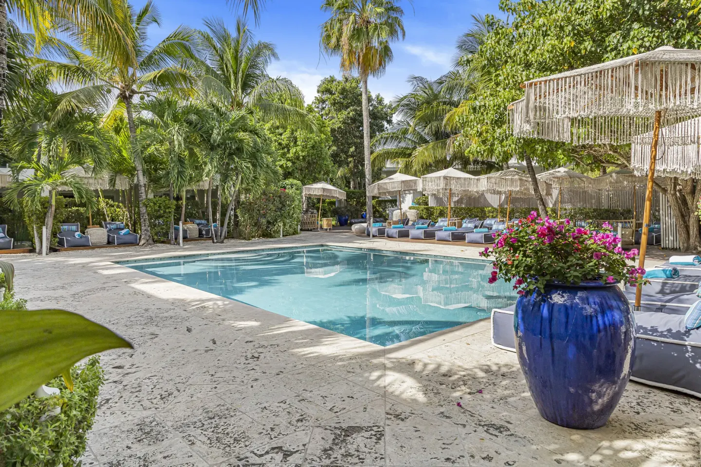 A landscaped pool deck with loungers, umbrellas, and palms at The Oasis at Grace Bay.