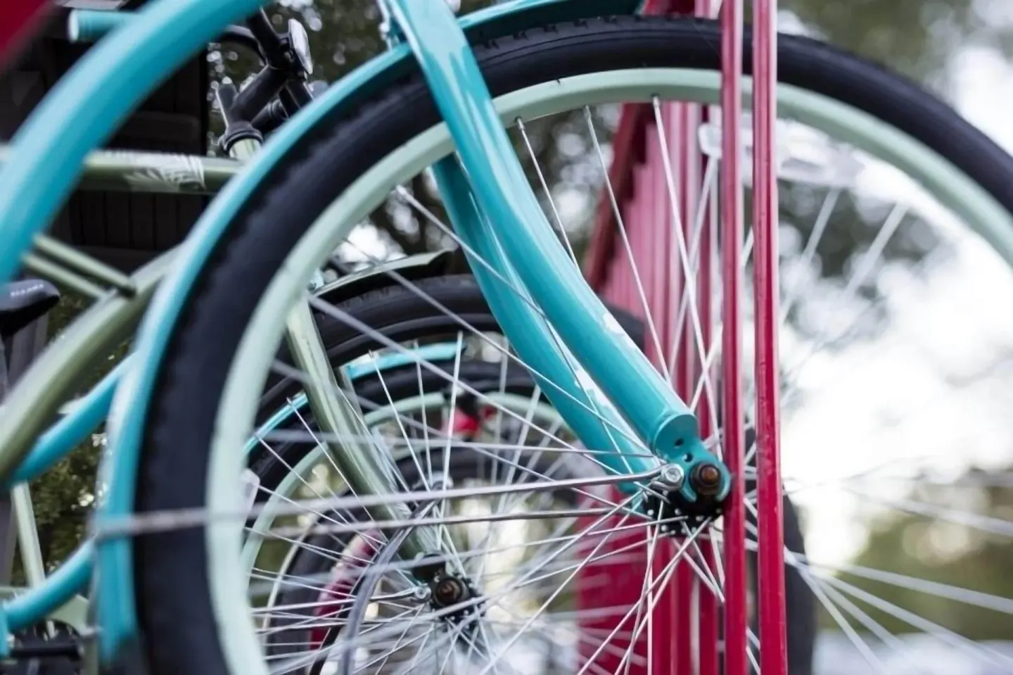 Close-up of colorful bicycle wheels at The Palms Turks and Caicos.