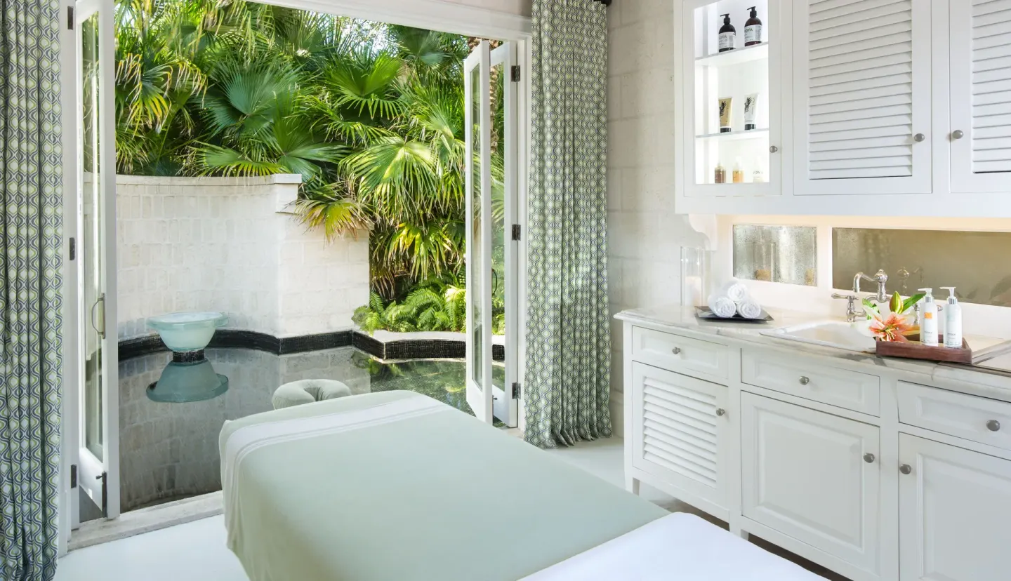 Spa treatment room opening to a private plunge pool at The Palms Turks and Caicos.