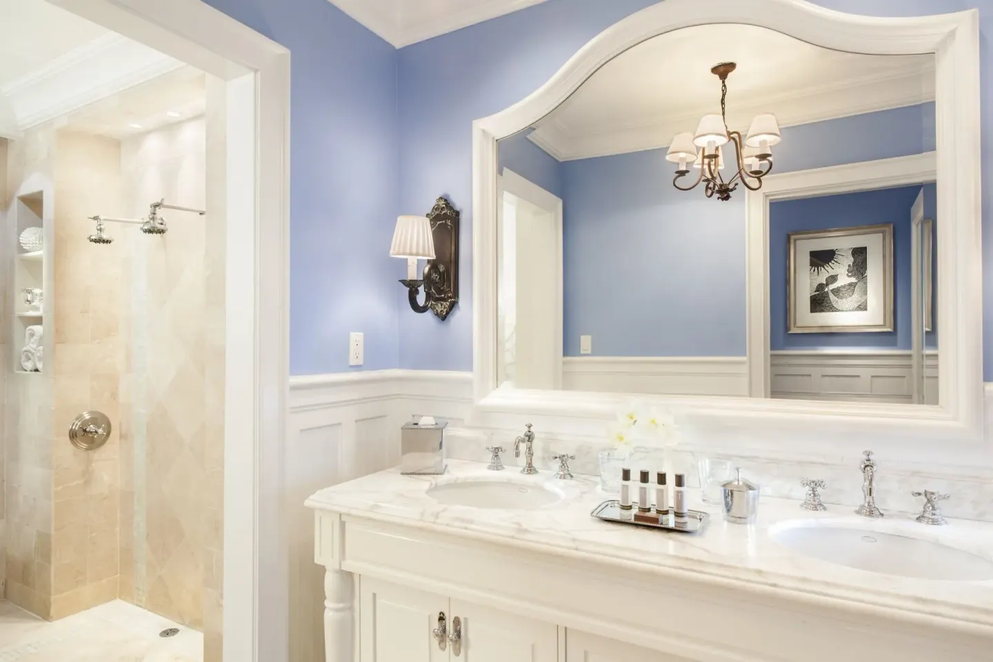 Junior Suite bathroom double vanity and walk-in shower at The Palms Turks and Caicos.