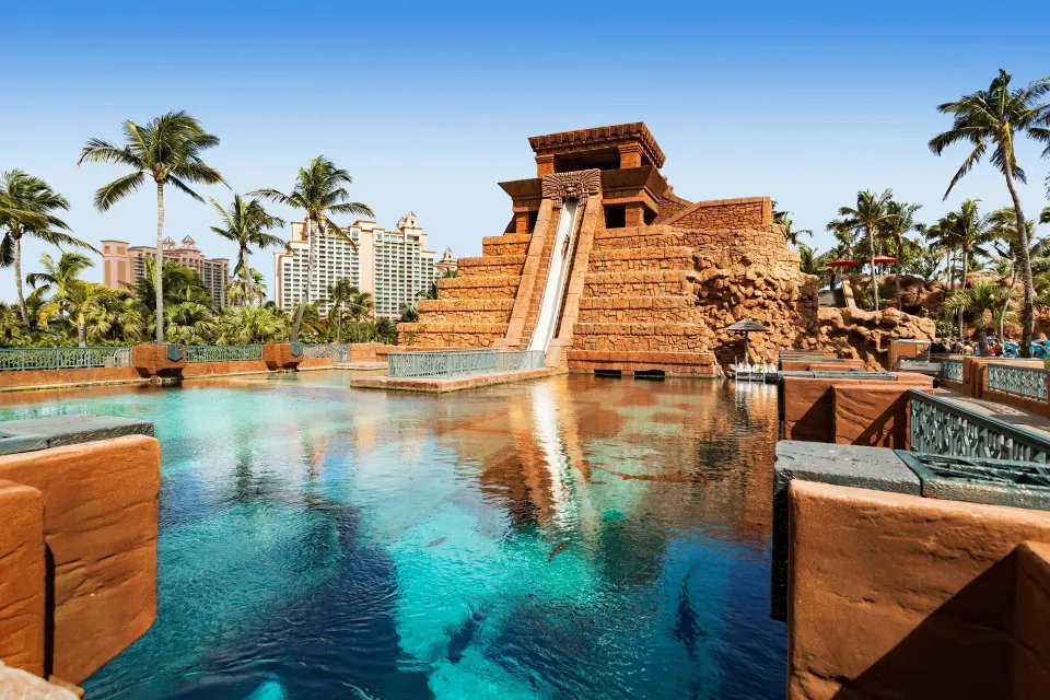 Aquarium lagoon and waterslide pyramid at The Reef at Atlantis.