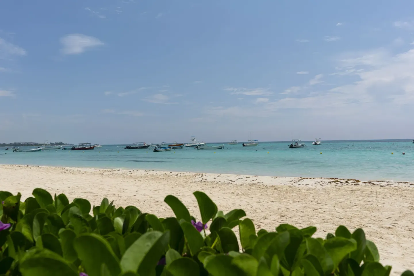 White sand beach and anchored boats at The Reef Coco Beach Resort & Spa.