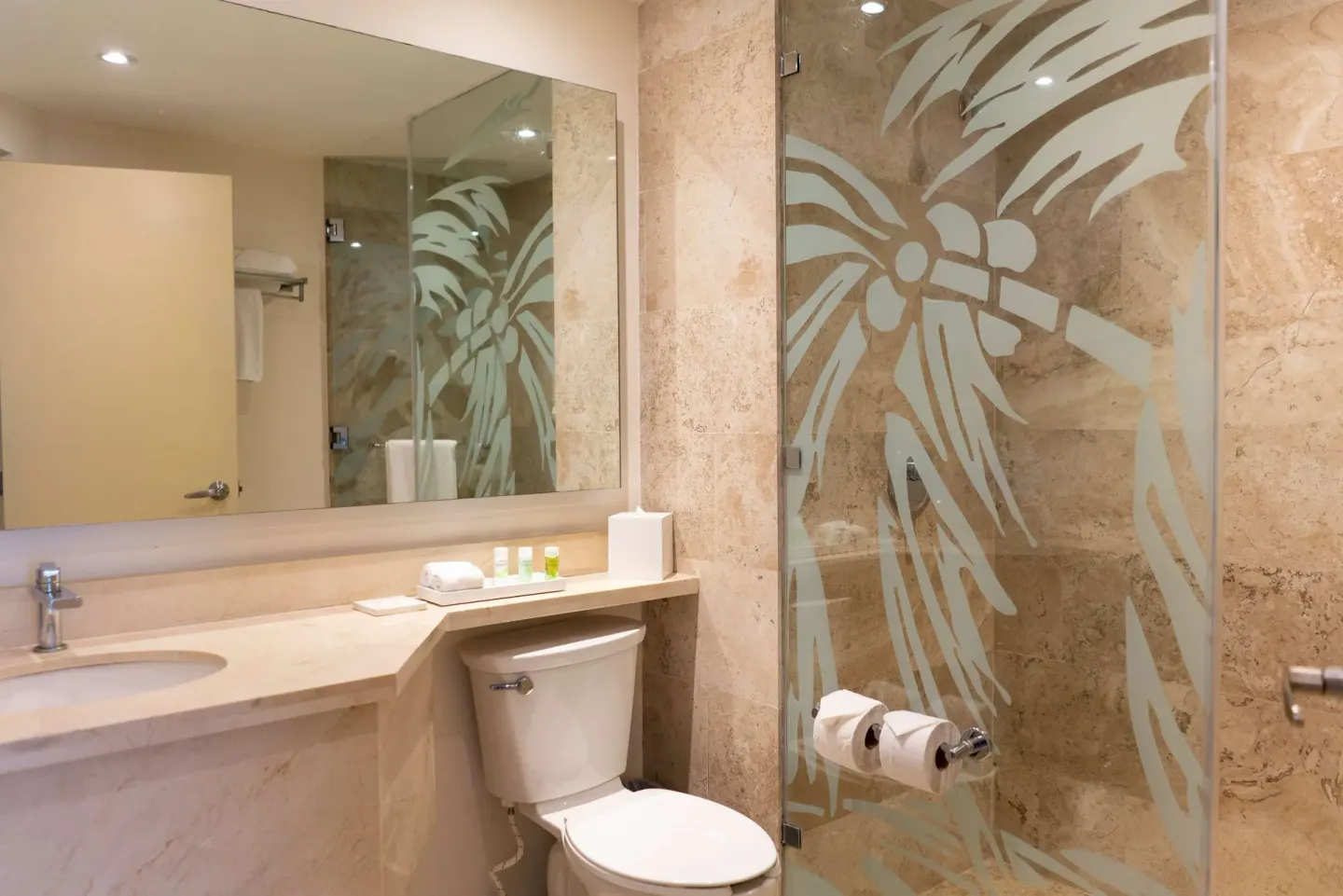 Superior Room Garden View bathroom with vanity and glass shower at The Reef Coco Beach Resort & Spa.
