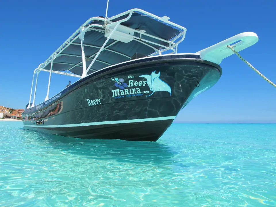 Chartered boat floating on clear turquoise water near the resort at The Reef Playacar Beach Resort & Spa