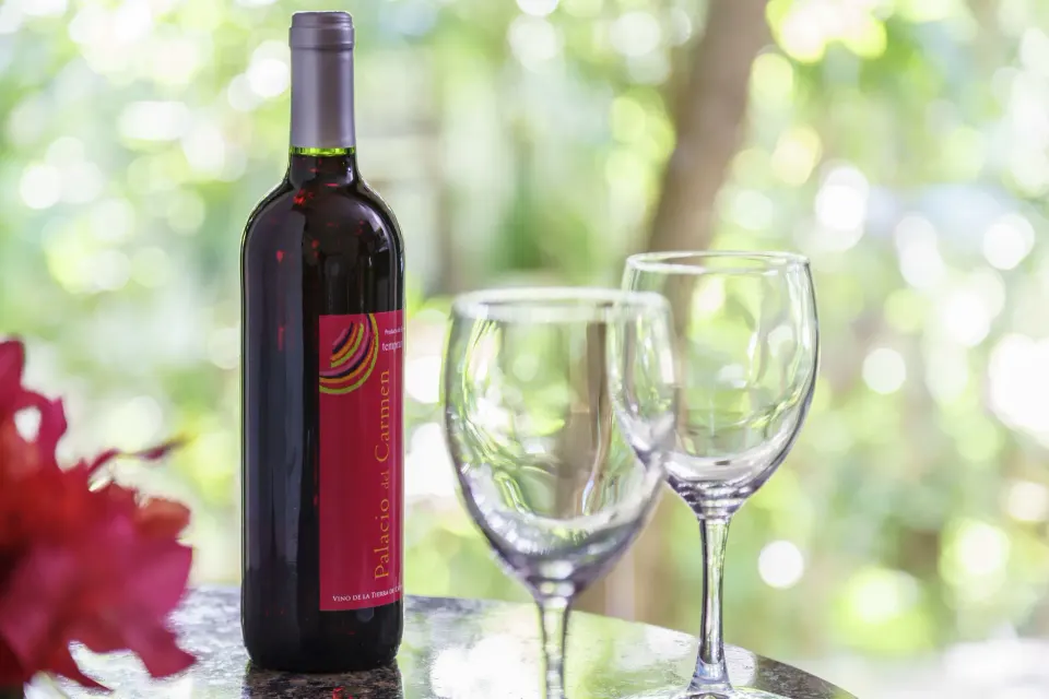 Wine bottle and two wine glasses on a table in The Reef Playacar Beach Resort & Spa guest room