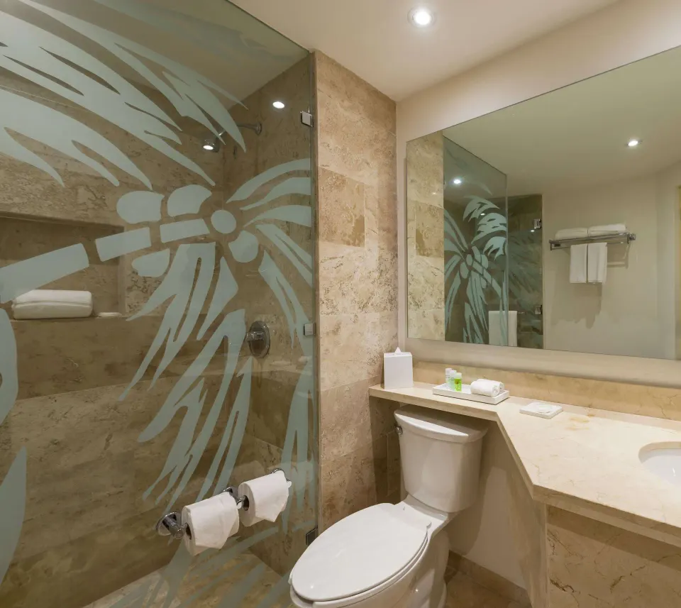 Bathroom with glass-enclosed shower and toilet in a Superior Room at The Reef Playacar Beach Resort & Spa