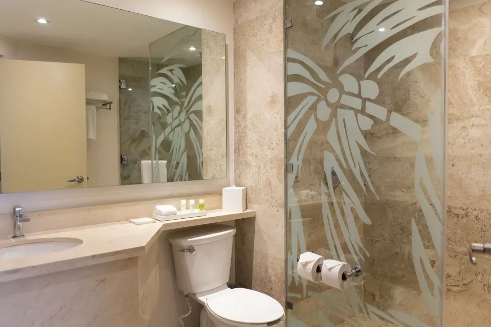 Vanity and sink area beside a frosted glass shower in a Superior Room bathroom at The Reef Playacar Beach Resort & Spa