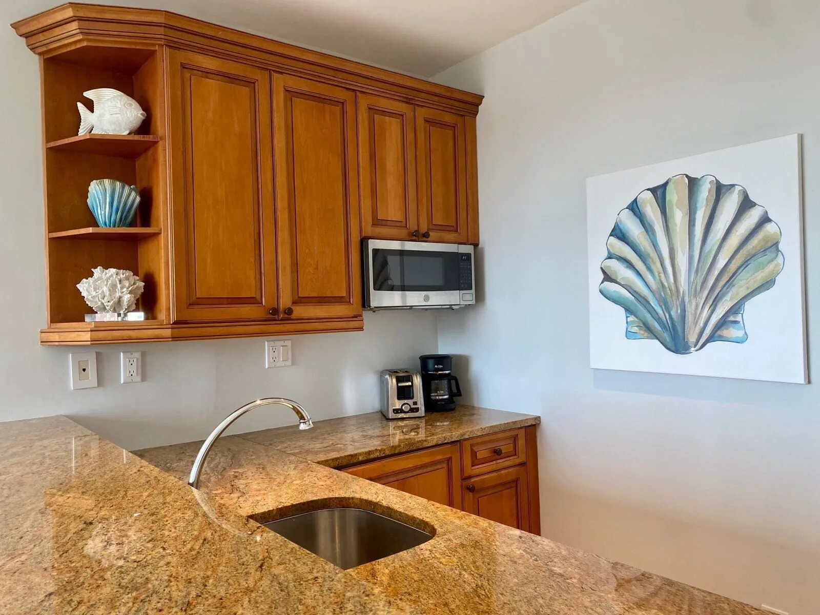 Kitchenette with granite counter, sink, wood cabinets and shell artwork at The Regent Grand.